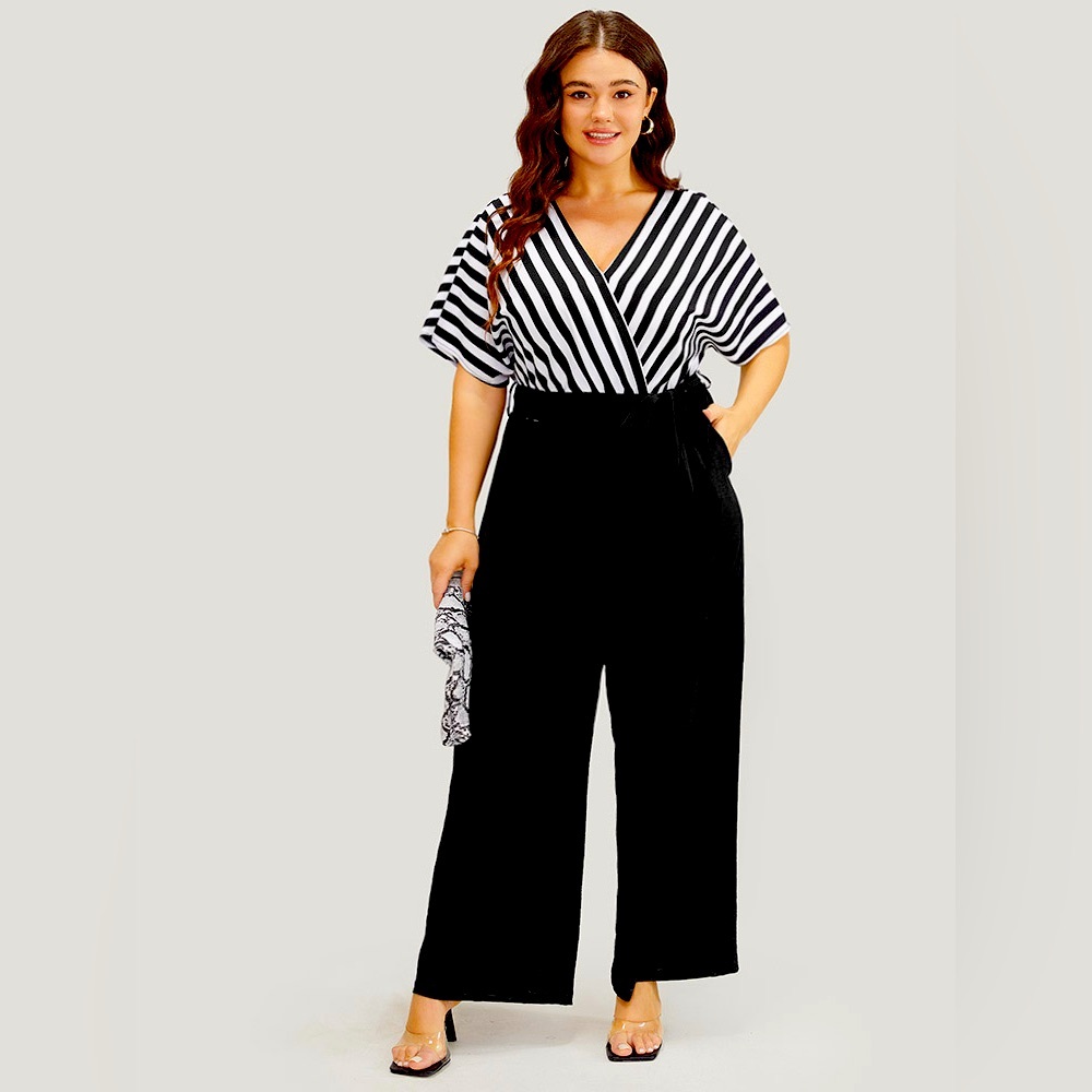 BLOOMCHIC 12/L NWT Striped Patchwork Pocket Batwing Sleeve Belted Wrap Jumpsuit
